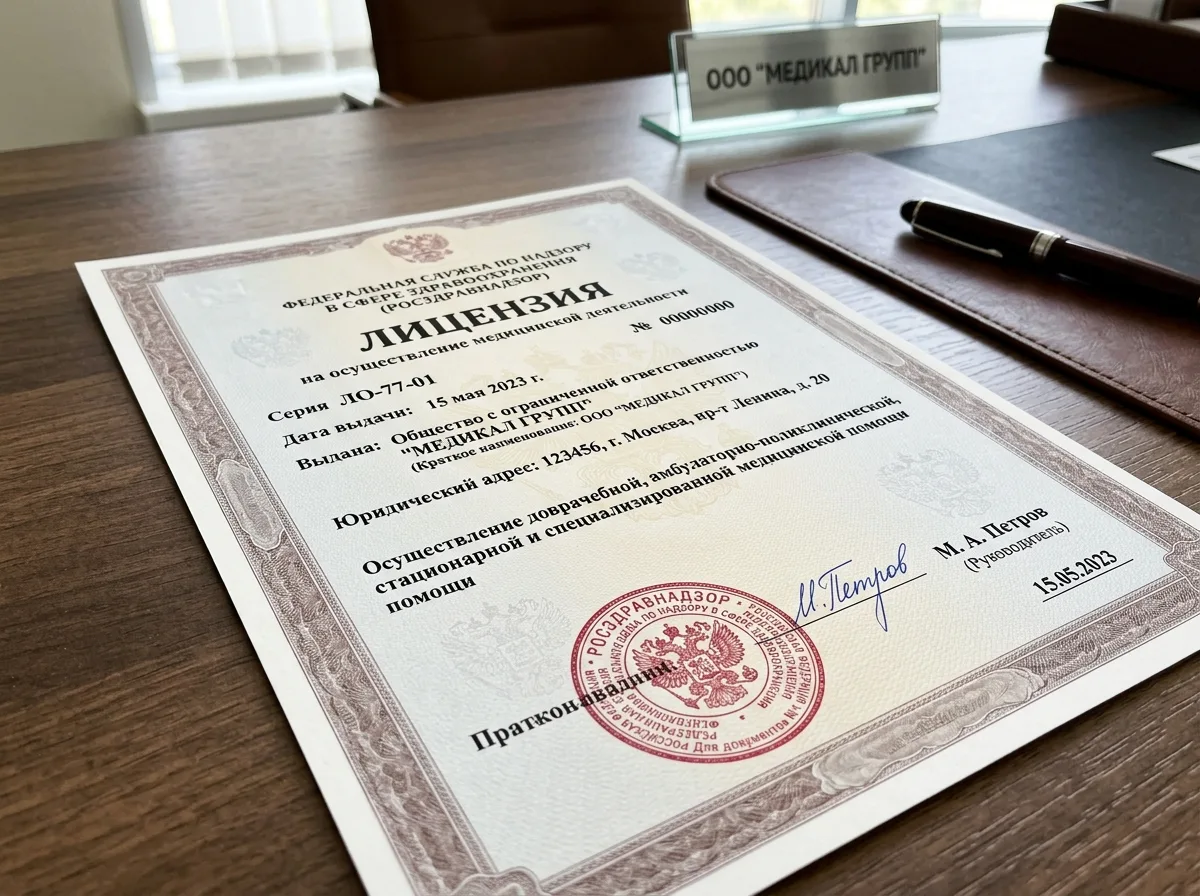 Лицензия Росздравнадзора на медицинскую деятельность — официальный документ с печатью и подписью, крупный план, строгий деловой стиль