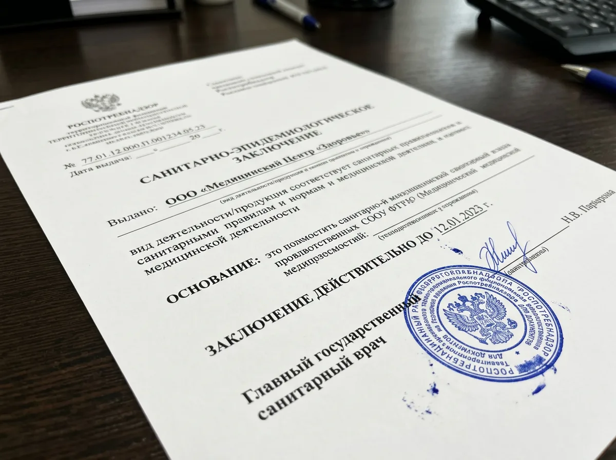 Санитарно-эпидемиологическое заключение Роспотребнадзора для медицинского учреждения — официальный документ с синей печатью