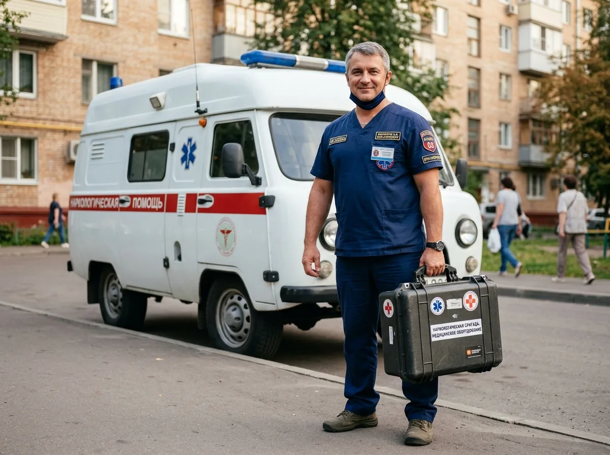 Врач выездной наркологической бригады — мужчина в медицинской форме с чемоданом с оборудованием, уверенный профессиональный вид, портрет